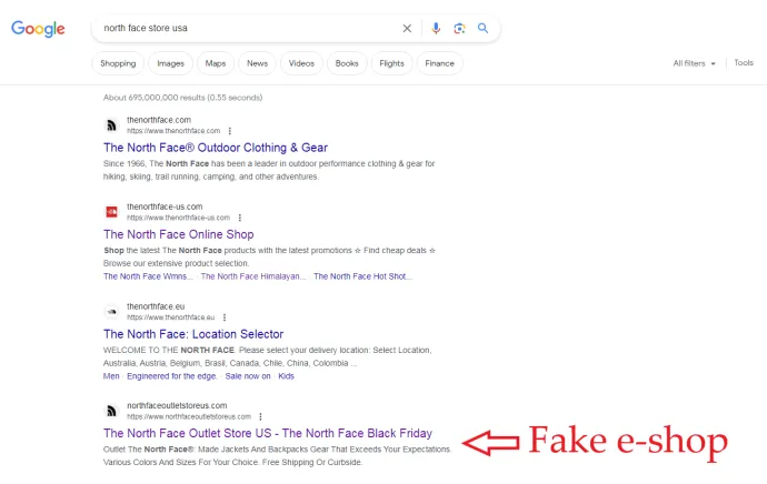 Search top results including fake e-shop