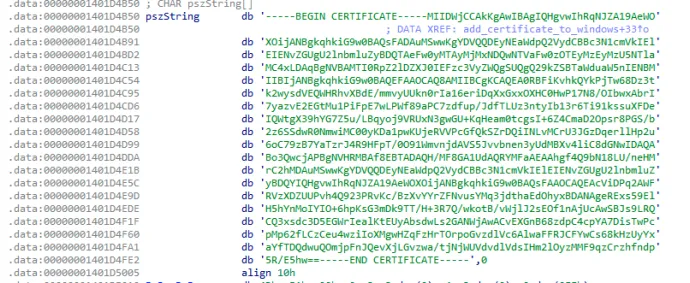 A certificate in the plaintext form which is added as root to Windows by the malware