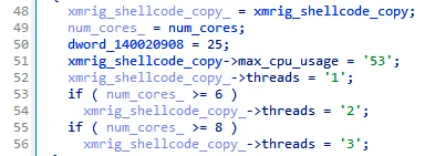 Patching the XMRig configuration on the fly, dynamically assigning mining threads