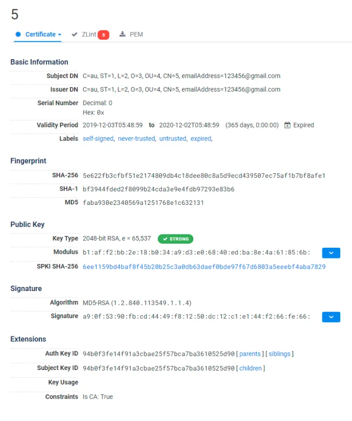 Certificate on www.righttrak[.]net:443 as shown by Censys