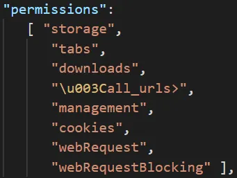 Permissions requested by the malicious extensions