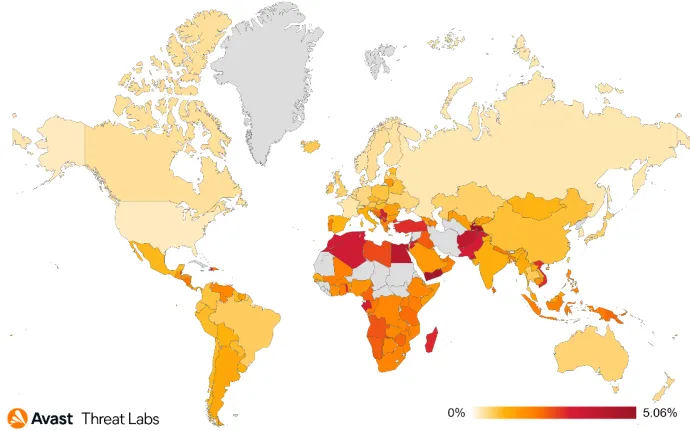 Map showing global risk ratio for information stealers in Q1/2023