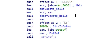 String “HELLO\n” that is obfuscated and subsequently deobfuscated - obfuscation placeholder