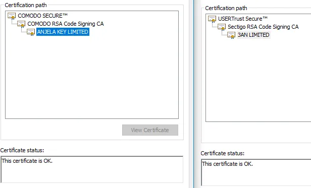 Most certificates are issued by COMODO or Sectigo