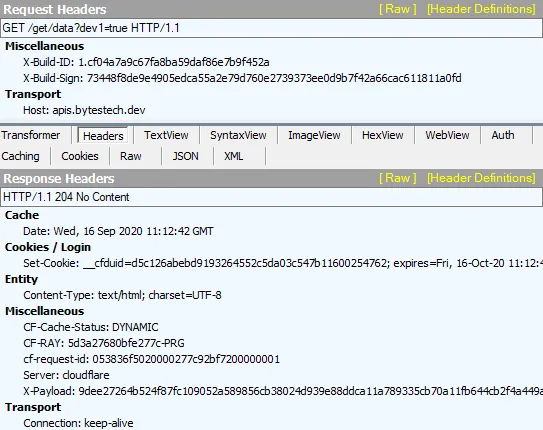 Fiddler capture of C&C communication. Note the X-Payload response header, which contains the updated configuration.