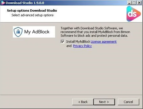 An installer for Download Studio that offers the installation of My AdBlock.