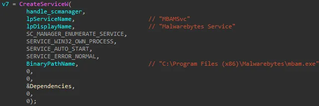 Decompiled snippet of Qt5Help.dll showing the creation of the malicious service.