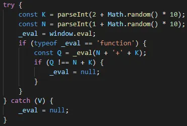Deobfuscated snippet of the payload which tests if the eval function works by adding two random numbers