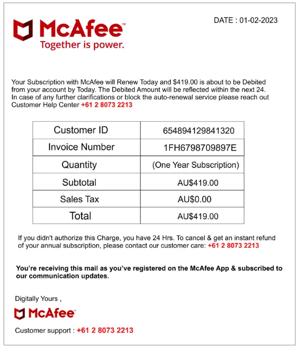 A typical example of a fake email invoice