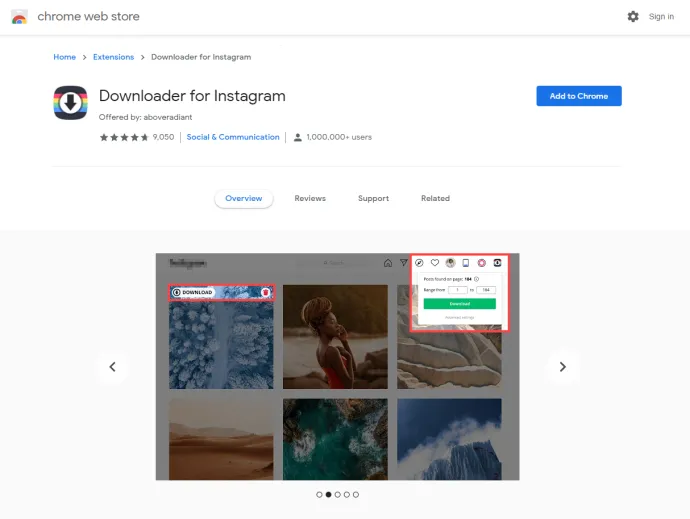 “Downloader for Instagram” page on the Chrome Web Store