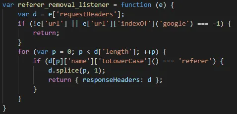 Deobfuscated snippet of code where the malware removes the referer from requests to Google