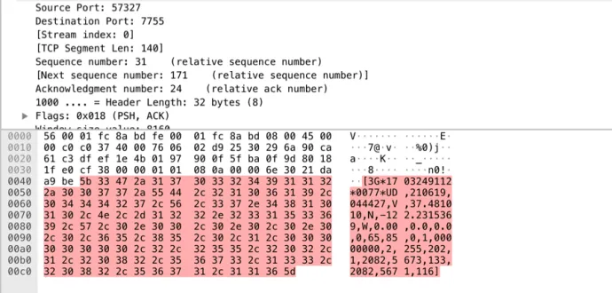 Figure 23: Wireshark captured traffic of position packet (you can easily spot the IMEI/ID and coordinates)
