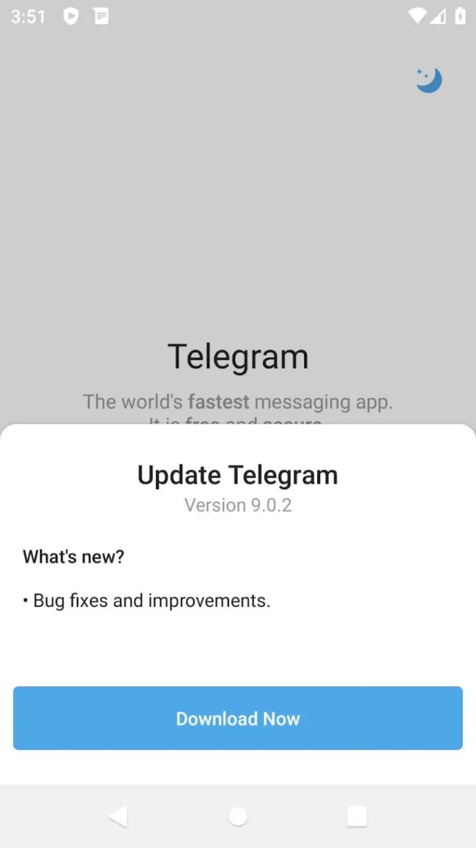 Trojanized Telegram app prompting the user to download extra malicious components under the guise of an update, leading to a fake Telegram website