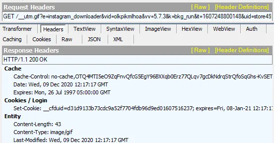 Fiddler capture of a seemingly innocent analytics request that contains a hidden command in the Cache-Control response header