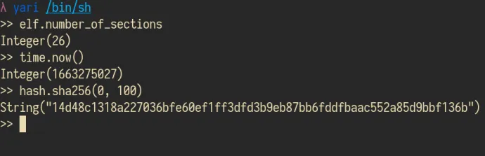 Image: Yari-cli binary debugging session with /bin/sh loaded as a sample.