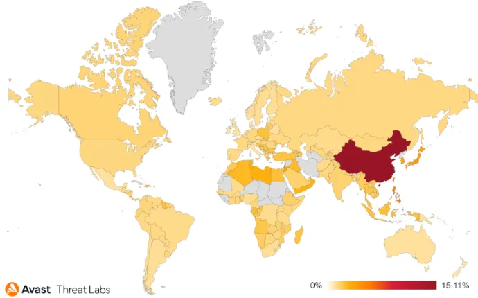 Map showing the global risk ratio for Adware in Q1/2023
