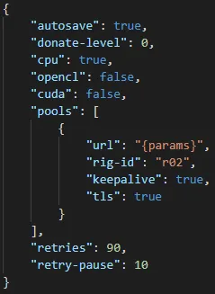 XMRig’s config.json file used by the malicious miner. Note the {params} placeholder, which will get substituted by the malware with a real mining pool URL.