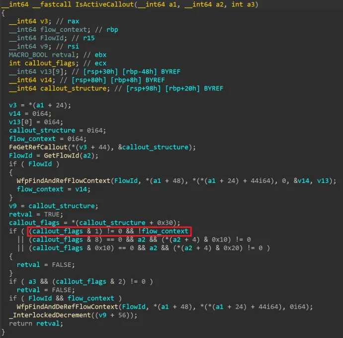 The meaning of the FWP_CALLOUT_FLAG_CONDITIONAL_ON_FLOW flag can be nicely seen in netio!IsActiveCallout. If this flag is set and no flow context can be obtained, IsActiveCallout will return false (see the highlighted part of the condition). 