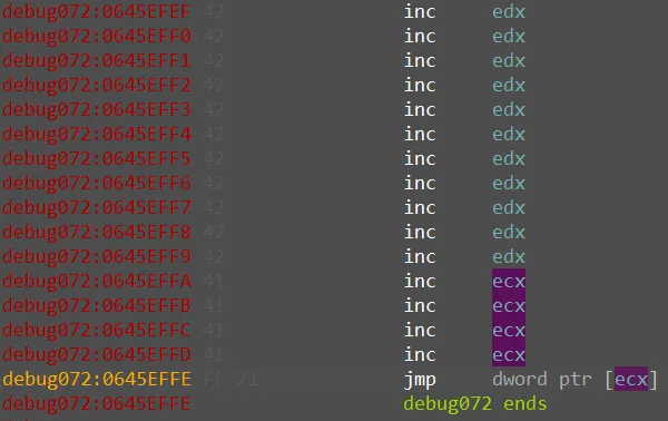 The end of the large mapped section. The jmp dword ptr [ecx] instruction is supposed to jump to the start of the next mapped view.