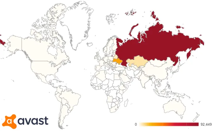 A map illustrating the distribution of Avast users protected from the FakeMBAM backdoor. The backdoor is most active in Russia, Ukraine and Kazakhstan.