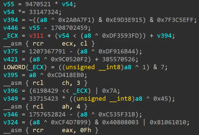 A random code snippet from Roshtyak. As can be seen, the obfuscation makes the raw output of the Hex-Rays decompiler practically incomprehensible.