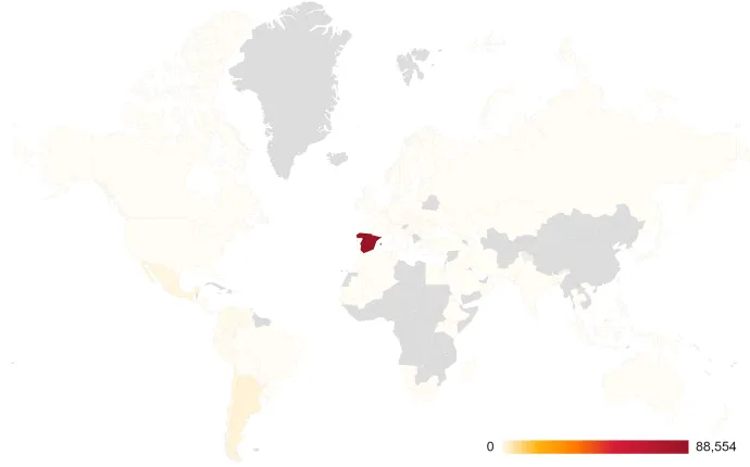Map illustrating the countries Meh has targeted from June to November 2020