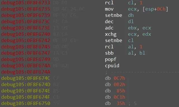 The exception-based check using popf and cpuid to detect hypervisors