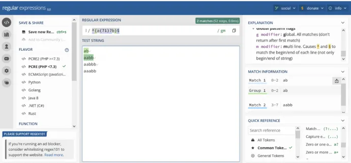 The visualization of pattern matching on regex101.com website.
