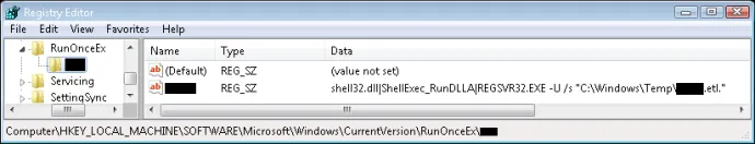 A RunOnceEx persistence entry established by Roshtyak