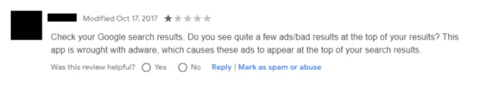 User review on the Chrome Web Store from October 2017 that mentions modification of Google search results