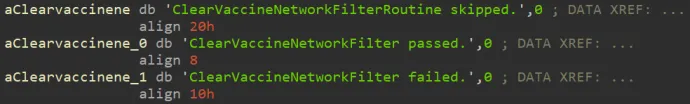 Plaintext debug strings found in the rootkit. The term vaccine is used to refer to security software. 