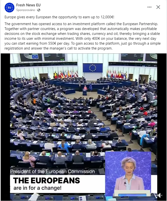 Deep fake video of Ursula von der Leyen introducing a new investment platform