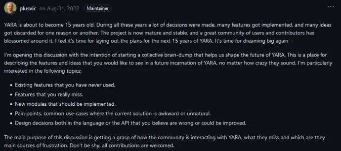 The initial comment in a discussion about the future of YARA from Victor Alvarez.