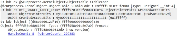 The manipulated dummy thread handle (0x168), now referencing a process object. 
