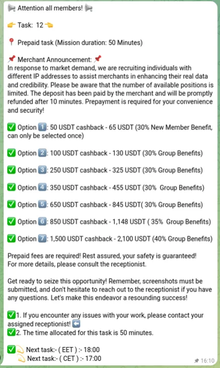 VIP task sent to big group, urging victims to send a pre-payment to receive ‘cashback’ with up to 40% of the pre-payment 