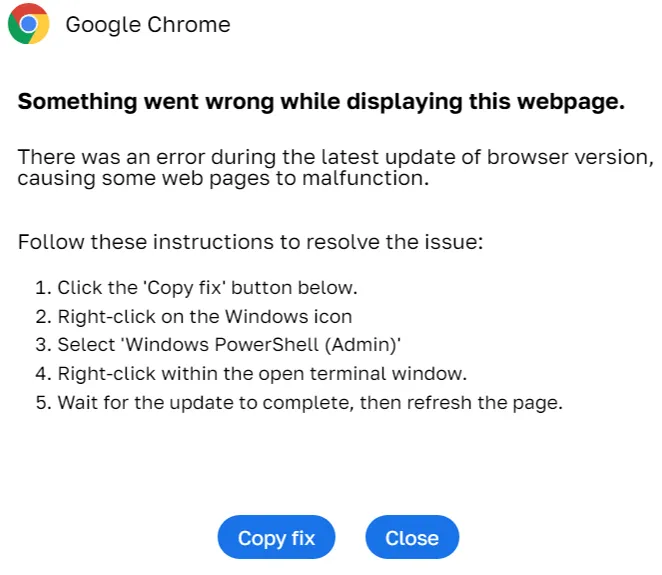 ClearFake attack combining ClickFix with fake browser update steps, tricking users into copying and executing a malicious script 