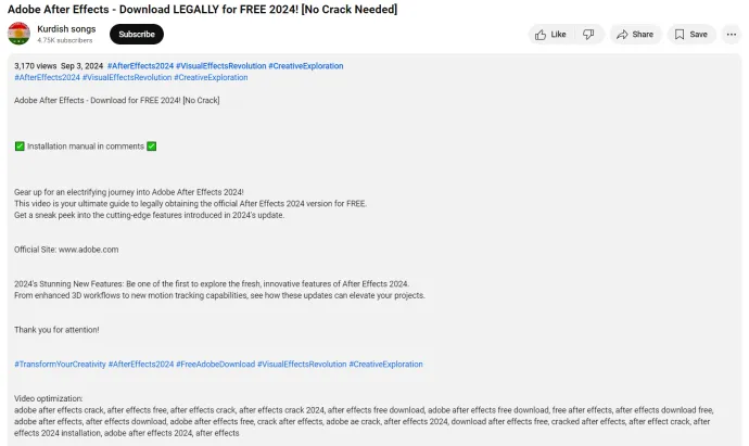 Example of a YouTube video promoting a fake software download 