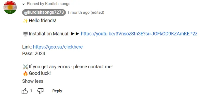 Malicious link hidden in the YouTube comments section, leading to a malware download 