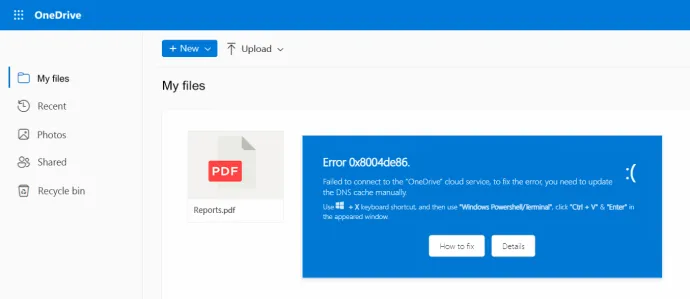 ClickFix received as an email, luring victims to “update the DNS cache” in order to connect to OneDrive, infecting users instead. The error message purposefully resembles the design of the ‘blue screen of death’ 